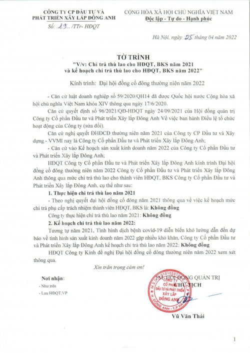 TỜ TRÌNH CHI TRẢ THÙ LAO CHO HĐQT, BKS NĂM 2021 VÀ KẾ HOẠCH CHI TRẢ THÙ LAO CHO HĐQT, BKS NĂM 2022
